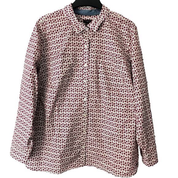 Talbots Top NEW 24W Red White Appple Print Button Up Shirt Roll Tab Sleeves Fall - Picture 1 of 16
